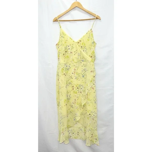 LOFT Floral High Low Wrap Midi Dress Size 12 Ruffle Yellow Feminine Dainty Sun - Picture 2 of 11